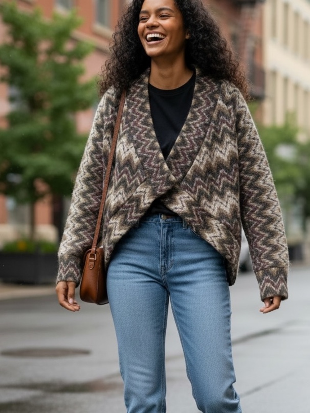 Cozy Zigzag Knit V-Neck Cardigan Sweater - Brown Multi
